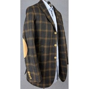 Royal Classic Holland & Sherry Wool Plaid Blazer 42R Brown Suede Elbow Patch